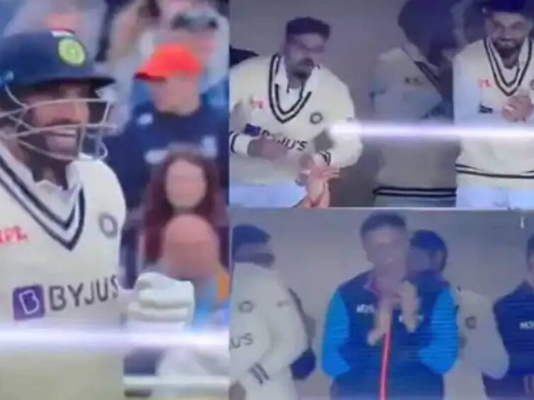 In IND vs ENG 5th Test Jasprit Bumrah Smashes 35 runs to Stuart Broad Virat kohli, rahul dravid and team india in Dances Dressing room IND vs ENG : बुमराहकडून चौकार-षटकारांचा पाऊस, ड्रेसिंग रुममध्ये कोच द्रविडपासून कोहलीपर्यंत सर्वांनीच केला तुफान जल्लोष, पाहा Video