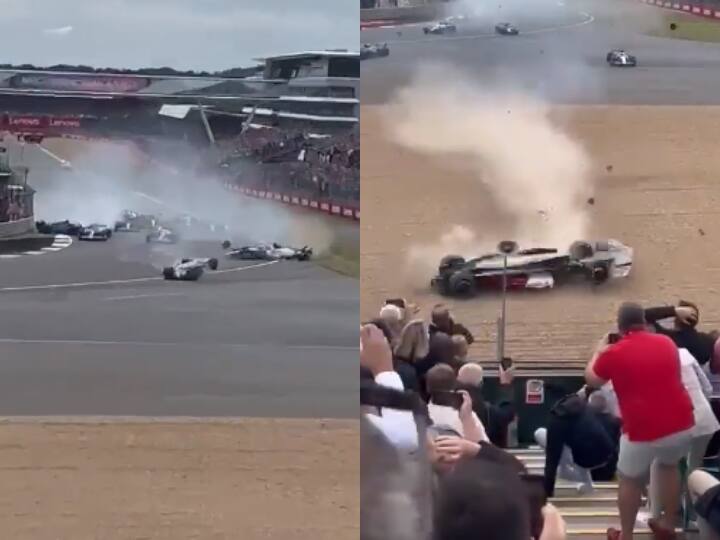 Multiple car accident on F-1 racing track video viral on social media Viral: F-1 रेसिंग ट्रैक पर एक साथ कई गाड़ियों का हुआ एक्सीडेंट, देखिए दिल दहलाने वाला वीडियो