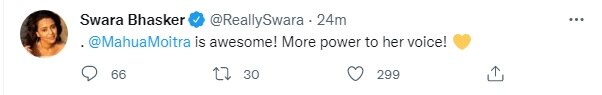 More Power To....' 'काली' पर मचे बवाल के बीच टीएमसी सांसद महुआ मोइत्रा के समर्थन में Swara Bhasker