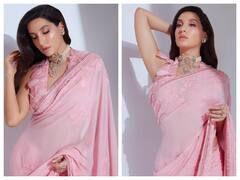 Nora Fatehi Photos: पिंक साड़ी पहन कहर ढाती दिखीं नोरा फतेही, खूबसूरत अदाओं ने चुराई फैन्स की रातों की नींदें