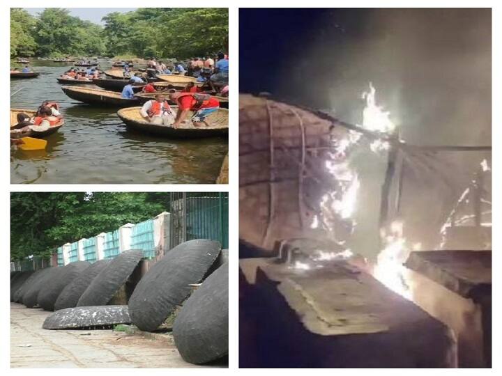dharmapuri: life jackets used for boat ride burnt in hogenakkal falls ஒகேனக்கல்லில்  25 நாட்களாக பரிசல் பயணம் நிறுத்தம்; சுற்றுலா பயணிகள்  ஏமாற்றம்  -  காரணம் என்ன..?