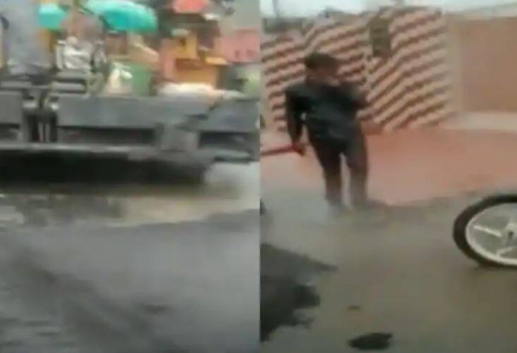 punjab 4 pwd officers suspended after video of road construction amid rain goes viral વરસાદમાં ચાલુ હતું રોડનું કામ, વીડિયો વાયરલ થતા PWDના  ચાર અધિકારી સસ્પેન્ડ