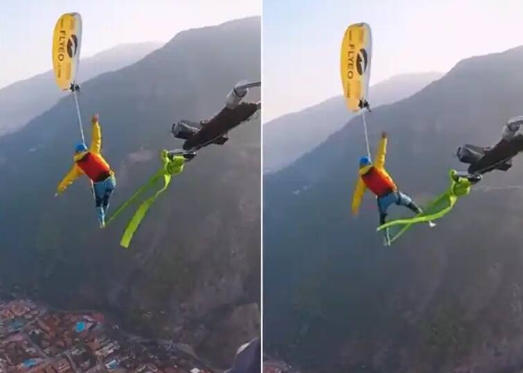 man walking on rope thousands feet above in sky falls loosing balance video viral Shocking Video : आकाशात शेकडो फूट उंचीवर स्टंट करताना तरुणाचा गेला तोल, थरारक घटनेचा व्हिडीओ व्हायरल