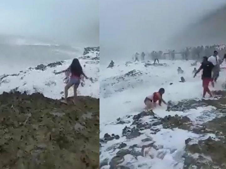 Girl Standing On The Shore Was Badly Thrown By The Waves Of The Sea Video Viral ચેતી જજોઃ દરિયા કિનારે રીલ બનાવવી છોકરીને ભારે પડી, અચાનક લહેર આવી અને... જુઓ Video