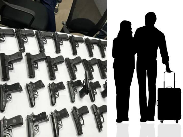 indian couple brought 45 pistols to the airport arrested 45 கைத்துப்பாக்கிகளுடன் விமான நிலையம் வந்திறங்கிய கணவன் - மனைவி கைது!