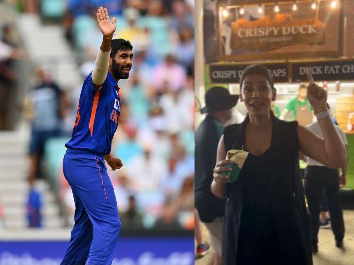 Jasprit Bumrah Wife Sanjana Ganesan Trolls England On Crispy Duck As India Wins Ind Vs Eng ODI Watch Video Video: ઈંગ્લેન્ડ સામે 6 વિકેટ લેનાર બુમરાહની પત્ની સંજનાએ મેદાન બહાર ઈંગ્લેન્ડની મજા લીધી, જુઓ વીડિયો