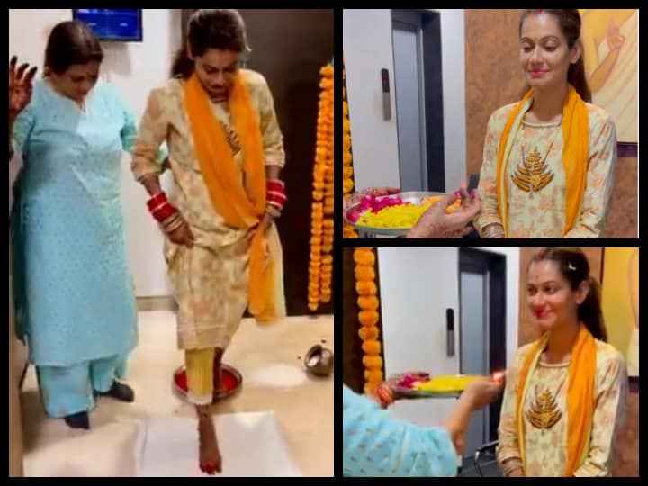 payal rohatgi post wedding rituals pagphera video lock up star marries to sangram singh see here पीला सूट, हाथों में लाल चूड़ा पहने Payal Rohatgi पहुंचीं वापस घर, पग फेरा रस्म में मां ने ऐसे किया स्वागत