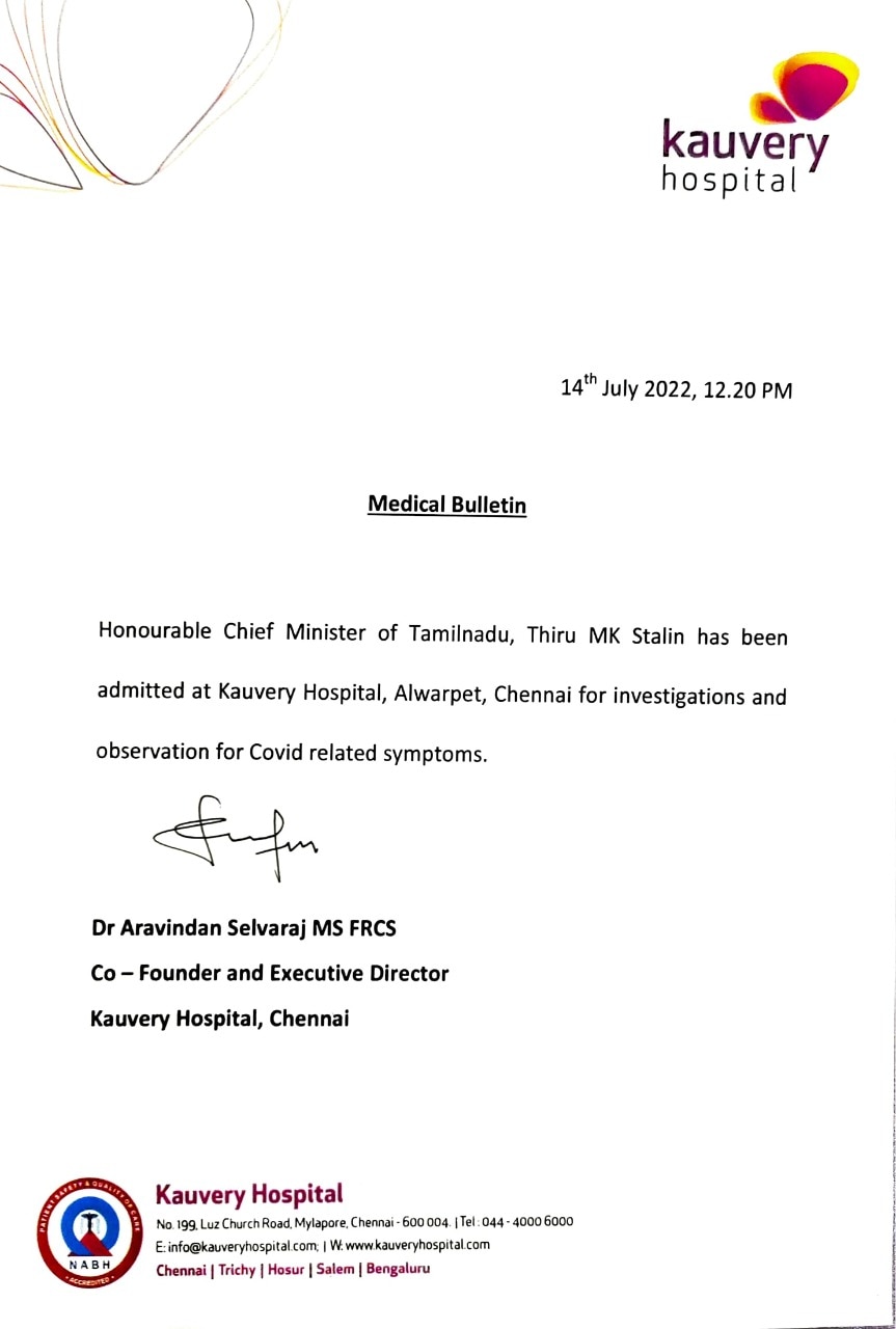 Chennai: Covid-Positive CM Stalin Admitted To Kauvery Hospital For 'Investigations & Observation' - Key Updates