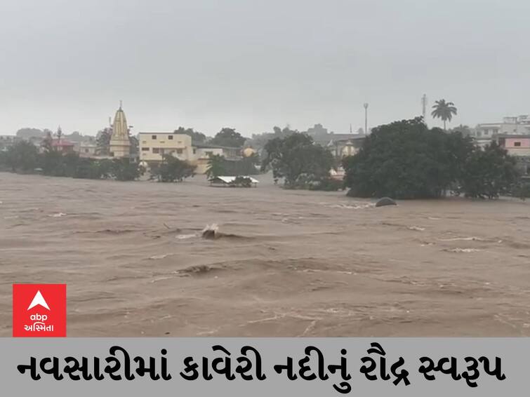 Rain in Gujarat  Kavery river is flowing 10 feet above the alarming level in navsari NAVSARI : ગણદેવીમાંથી વહેતી કાવેરી નદીનું રૌદ્ર સ્વરૂપ, ભયજનક સપાટીથી 10 ફૂટ ઉપર, જુઓ Video