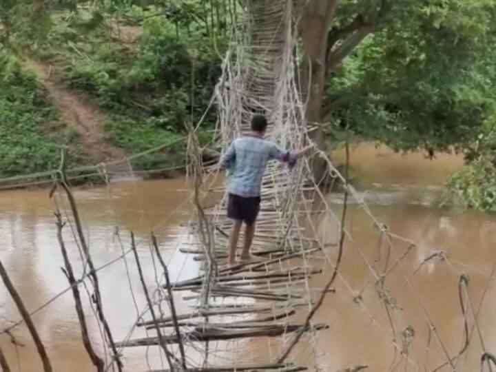 Bastar News Villagers forced to risk their lives to use a wooden bridge in River ann Bastar News: बारिश ने खोली व्यवस्था की पोल, जान जोखिम में डाल उफनती नदी-नाले पार कर रहे लोग