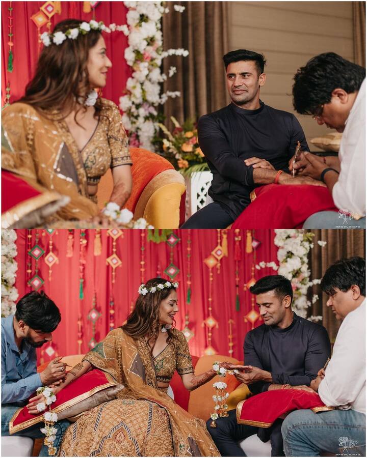 मेहंदी की रस्मों की फोटोज में पायल ने बांधानी फुल प्रिंटेड लहंगा पहना है. वहीं संग्राम भी उनके साथ बैठे नजर आ रहे हैं.