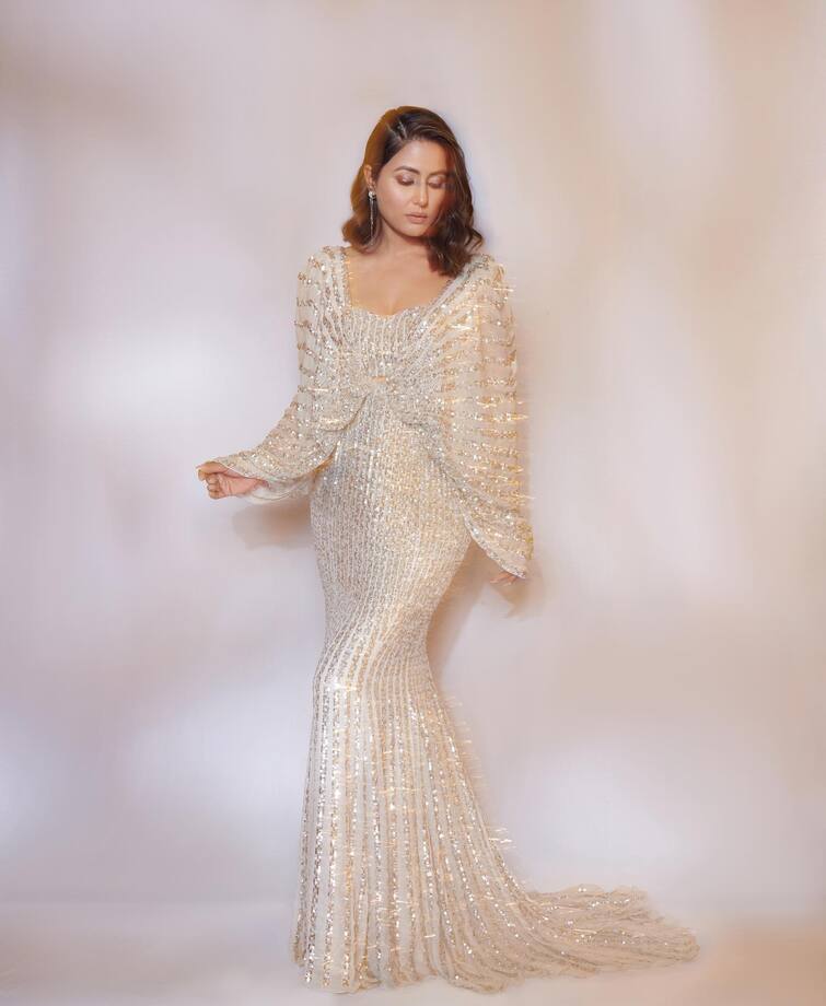 Hina Khan Latest Photos In Shimmery White Dress See Here | Hina Khan : हिना  खानचं नवं फोटोशूट चर्चेत, पाहा घायाळ करणाऱ्या अदा