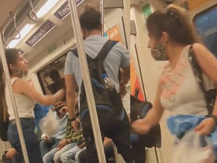 a women attacks a men and verbally abusing in delhi metro goes viral in social media டிசர்ட் விலை 150 ரூபாயா?  மெட்ரோவில் இளைஞரை சரமாரியாக தாக்கிய பெண்! வைரலாகும் வீடியோ.!