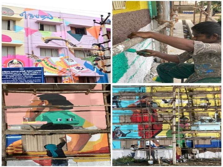 Toothukudi: transgenders living paintings of the neithal land people adorn the wall of the Shack Replacement Board residential building தூத்துக்குடி: குடிசை மாற்று வாரிய குடியிருப்பு கட்டிட சுவரை அலங்கரித்த நெய்தல் நில மக்களின் வாழ்வியல் ஓவியங்கள்