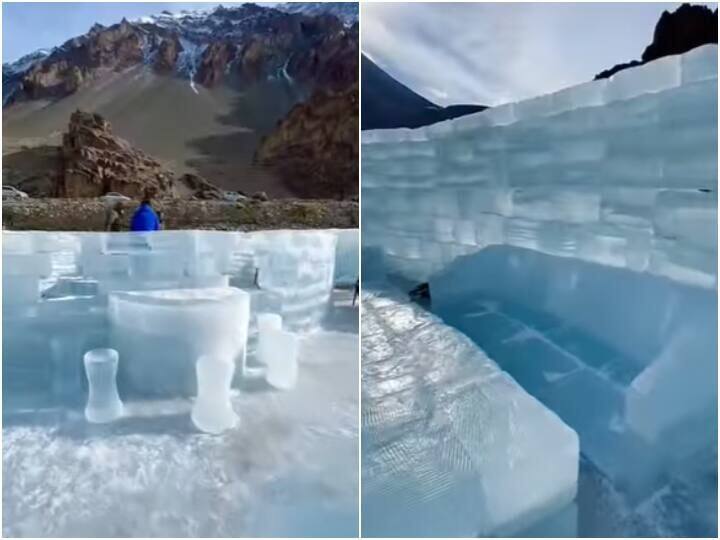 indias first ice cafe in leh ladakh at fourteen thousands ft video viral on social media marathi news India's First Ice Cafe : तब्बल 14 हजार फूट उंचीवर आहे भारतातील प्रथम 'आइस कॅफे'! एकदा पाहाच