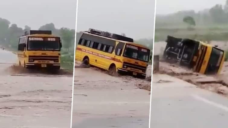 Watch: School Bus Topples Over In Floodwater In Uttarakhand வெள்ளத்தில் கவிழ்ந்த பள்ளிப் பேருந்து: ஓட்டுநர் அலட்சியம் காரணமா?