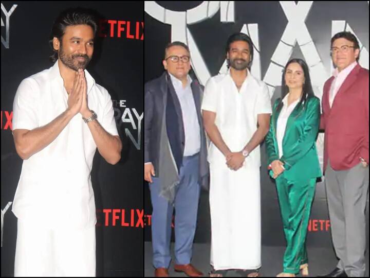 Dhanush appears in dhoti in Hollywood film The gray man premiere Dhanush In Dhoti: एक बार फिर दिखा धनुष का सादगी भरा अंदाज, धोती पहन पहुंचे हॉलीवुड फिल्म प्रीमियर में