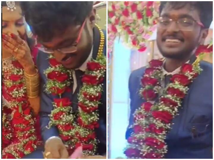 bride and groom embarrassed by friends gift on marriage social media viral video Viral Video: दोस्तों का गिफ्ट देख शर्म से पानी-पानी हुआ दूल्हा, दुल्हन ने दिया ऐसा रिएक्शन