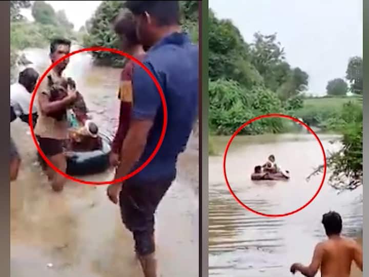 Maharashtra flood mother traveled with her ill child from flood water for save his child in Buldhana Buldhana Rain : आजारी तान्हुल्याला घेऊन आईचा नदीच्या पुरातून जीवघेणा प्रवास, बुलढाण्यातील व्हिडीओ समोर