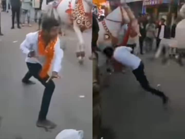 horse kicked the person doing strange dance steps in baraat video viral on social media Viral Video: बारात में 'हवाबाज़ी' कर रहा था शख्स, घोड़े की लात ने कर दिया सीधा!