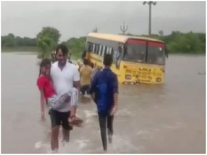 School bus stuck in water due to heavy rain in Telangana, all students safe