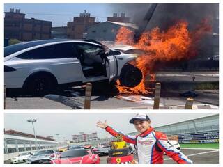 Taiwanese singer Jimmy Lin injured after his Tesla crashes car burst into flames Tesla car: தைவான் நடிகர் ஓட்டிவந்த டெஸ்லா கார் விபத்து..  தானியங்கி கார் மீது அதிகரிக்கும் விமர்சனங்கள்..