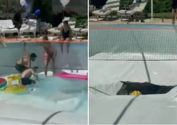 sinkhole opened under swimming pool during party in israel one death in incident Viral Video : 'पायाखालची जमीन सरकली...' पार्टीवेळी स्विमिंग पूलला पडलं भगदाड, 43 फूट खोल खड्ड्यात पडून एकाचा मृत्यू; व्हिडीओ व्हायरल