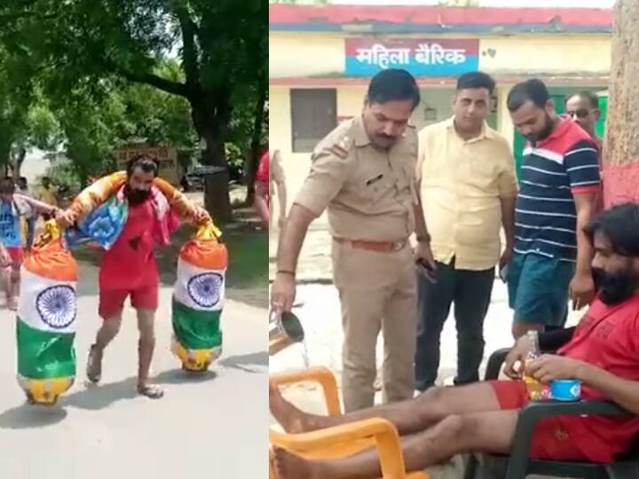 Kawad Yatra 2022: 121 किलो गंगाजल लेकर हरिद्वार से चला भगवान शिव का ये भक्त, देखने के लिए जुटी लोगों की भीड़ Kawad Yatra 2022 devotee of Mahadev left Haridwar with 121 kg of Ganga water in Hapur ANN Kawad Yatra 2022: 121 किलो गंगाजल लेकर हरिद्वार से चला भगवान शिव का ये भक्त, देखने के लिए जुटी लोगों की भीड़