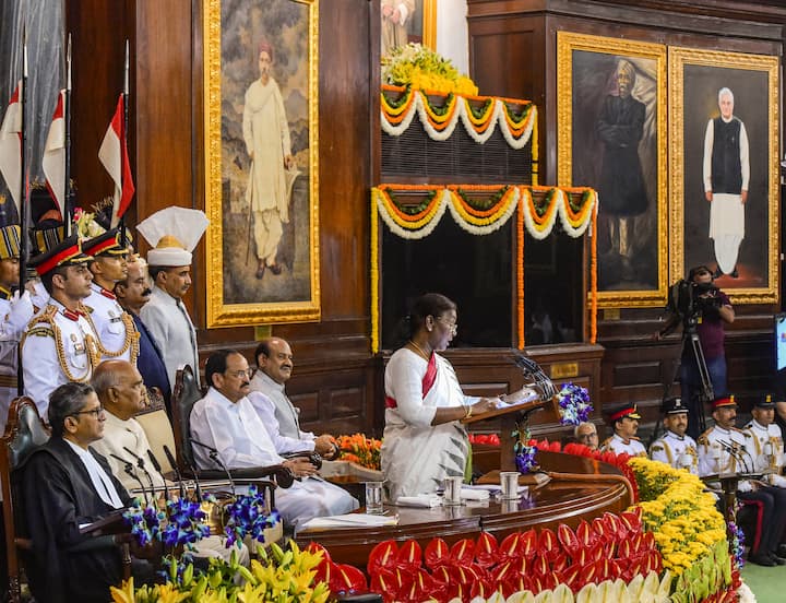 President Droupadi Murmu speaks after taking oath in the Central Hall of Parliament, in New Delhi. She also became the first woman tribal leader from Odisha to be appointed as the governor of a state. Image Source: PTI