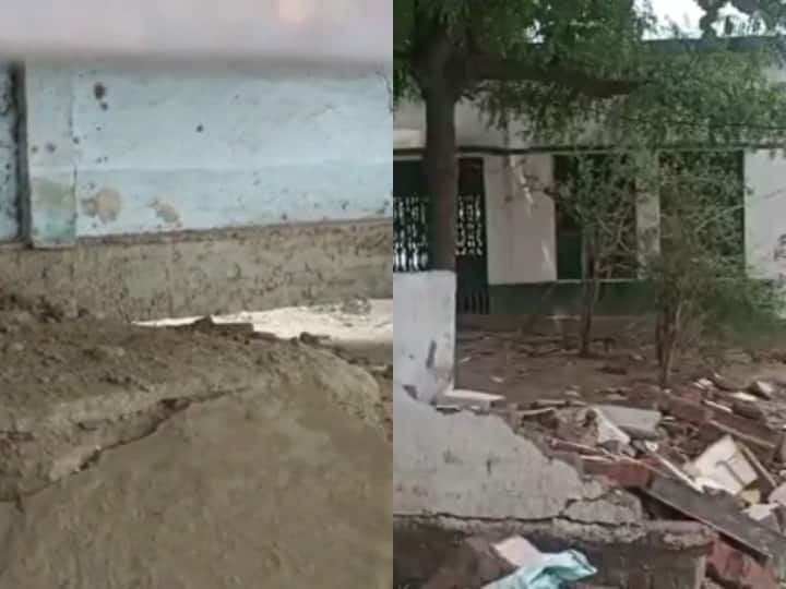 Auraiya government primary school boundary collapsed in two days rain children are forced to study ANN Auraiya News: खंडहर स्कूल में जमीन पर पढ़ने को मजबूर बच्चे, दो दिन की बारिश में गिरी दीवार