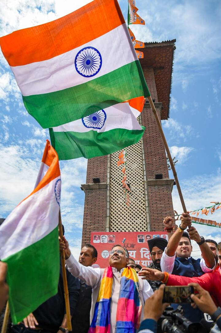 Tejasvi Surya and party’s National General Secretary Tarun Chug flagging off the bikers' rally. The event was held amidst unprecedented security arrangements as the whole area was sealed and security forces, including senior officers, were present in large numbers. Image Source: PTI