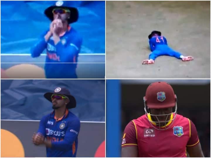 Shreyas Iyer comes up with another unique celebration after taking Rovman Powell catch in 2nd ODI Video: श्रेयस अय्यर ने पहले पकड़ा हैरतअंगेज कैच, फिर खास सेलिब्रेशन से लूट ली महफिल; आपने देखा क्या