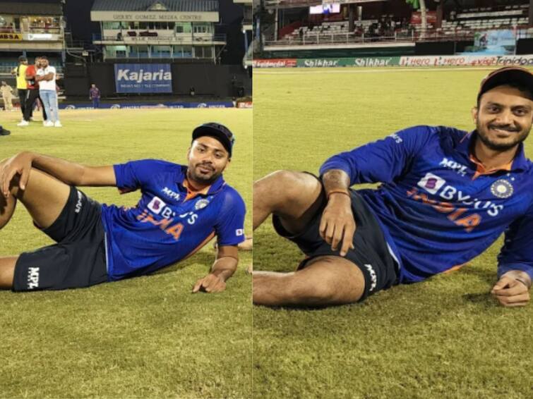 Axar Patel, Avesh Khan Recreate Chahal's Iconic Pose after India's 2-0 Series Win in West Indies Chahal's Iconic Pose Viral : भारताचा दमदार विजय, मालिकाही खिशात, विजयानंतर अक्षर-आवेशचं खास 'चहल स्टाईल' सेलिब्रेशन