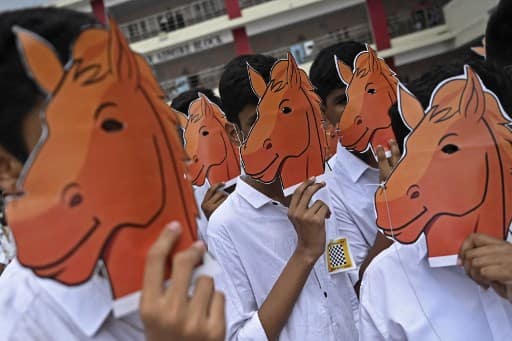 Children don a chess knight mask, which is also an official logo and mascot. (Image: AFP)