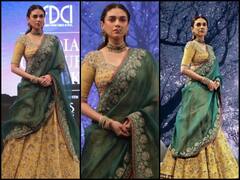 In Pics: डिजाइनर Anju Modi के लिए Aditi Rao Hydari ने किया रैंप वॉक, पीले-हरे लहंगे में लग रही बला की खूबसूरत