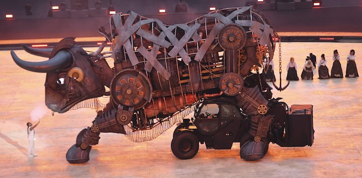 A giant mechanical raging bull during the opening ceremony of Commonwealth Games 2022 (CWG). (Image Source: PTI)