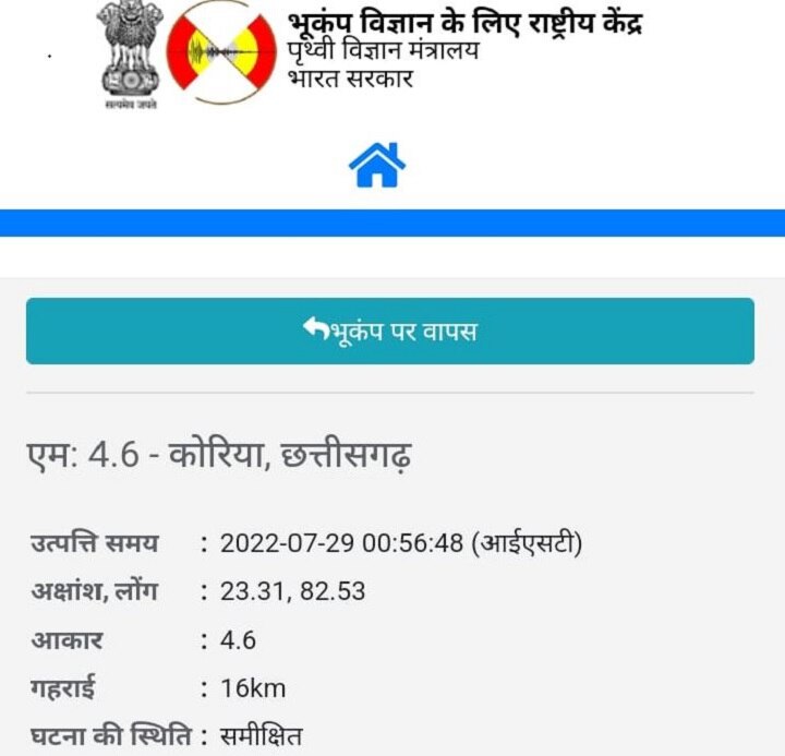 Koriya Earthquake: छत्तीसगढ़ के कोरिया जिले में भूकंप के झटके, रिक्टर पैमाने पर 4.6 रही तीव्रता