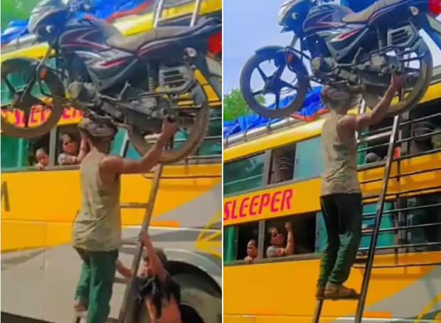 man carrying bike on head and putting it on bus top video goes viral on social media Viral Video : दोन वेळच्या जेवणासाठी मजुराची मेहनत, डोक्यावर बाईक घेऊन चढवली बसच्या टपावर, चकित करणारा व्हायरल व्हिडीओ