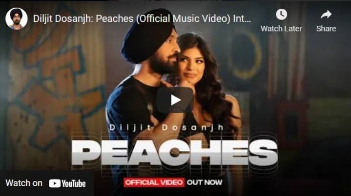 ਦਿਲਜੀਤ ਦੋਸਾਂਝ ਦਾ ਗਾਣਾ ਪੀਚਿਜ਼ 8ਵੇਂ ਨੰਬਰ ਤੇ ਟਰੈਂਡ ਕਰ ਰਿਹਾ ਹੈ। 2 ਹਫ਼ਤੇ ਪਹਿਲਾਂ ਰਿਲੀਜ਼ ਹੋਏ ਇਸ ਗੀਤ ਨੂੰ ਕਾਫ਼ੀ ਪਸੰਦ ਕੀਤਾ ਜਾ ਰਿਹਾ ਹੈ। ਇਸ ਗੀਤ ਨੂੰ ਹੁਣ ਤੱਕ 3 ਕਰੋੜ ਦੇ ਕਰੀਬ ਲੋਕ ਦੇਖ ਚੁੱਕੇ ਹਨ।