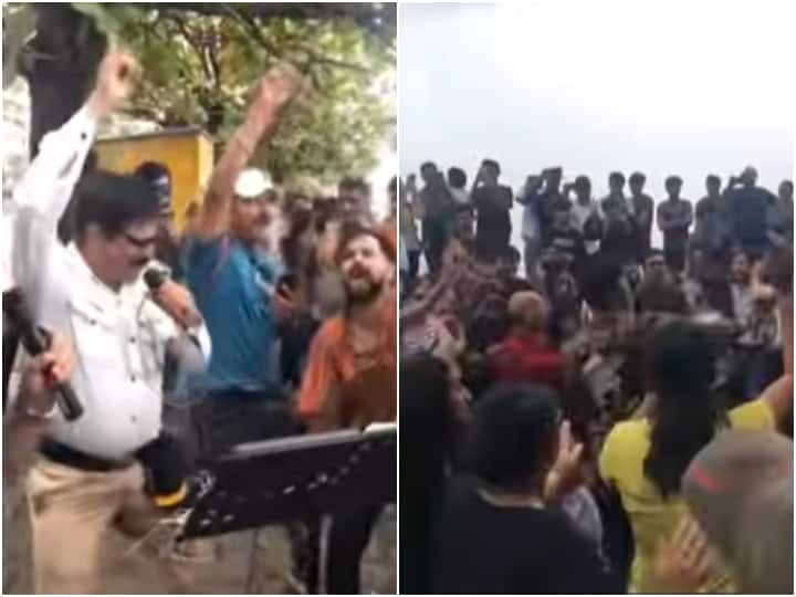 Traffic policeman sings famous bollywood song video viral on social media Viral Video: ट्रैफिक पुलिस जवान ने गाया धर्मेंद्र की फिल्म का सुपरहिट सॉन्ग, सैकड़ों लोगों ने एक साथ किया डांस