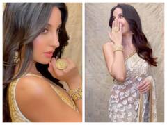 Nora Fatehi Pics: ऑफ व्हाइट साड़ी पहन कहर ढाती दिखीं नोरा फतेही, खूबसूरत अदाओं ने चुराई फैन्स की नींदें