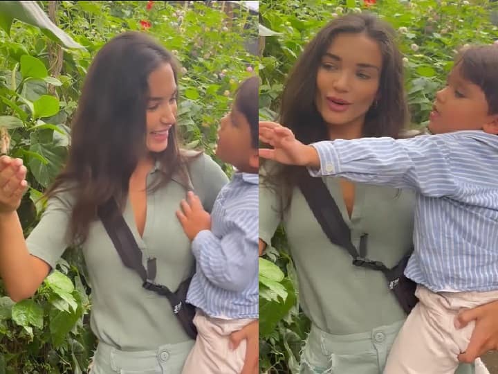 Amy Jackson latest video goes viral on social media Watch Video: சரியா இடுப்புல ஒக்காருடா.. செல்ல மகனுடன் எமி ஜாக்சன்! க்யூட் வீடியோ!