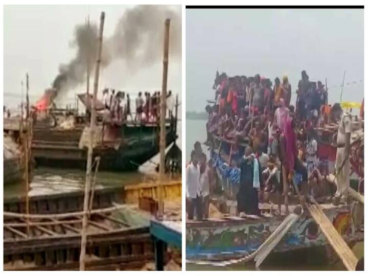 Bihar  Five labourers killed as fire breaks out on boat in Patna's Rampur Diyara ghat Watch Video : அடுப்பின் அருகில் இருந்த டீசல் கேன்கள்.. வெடித்துச் சிதறிய படகு.. 5 பேர் தீயில் கருகி மரணம்..!