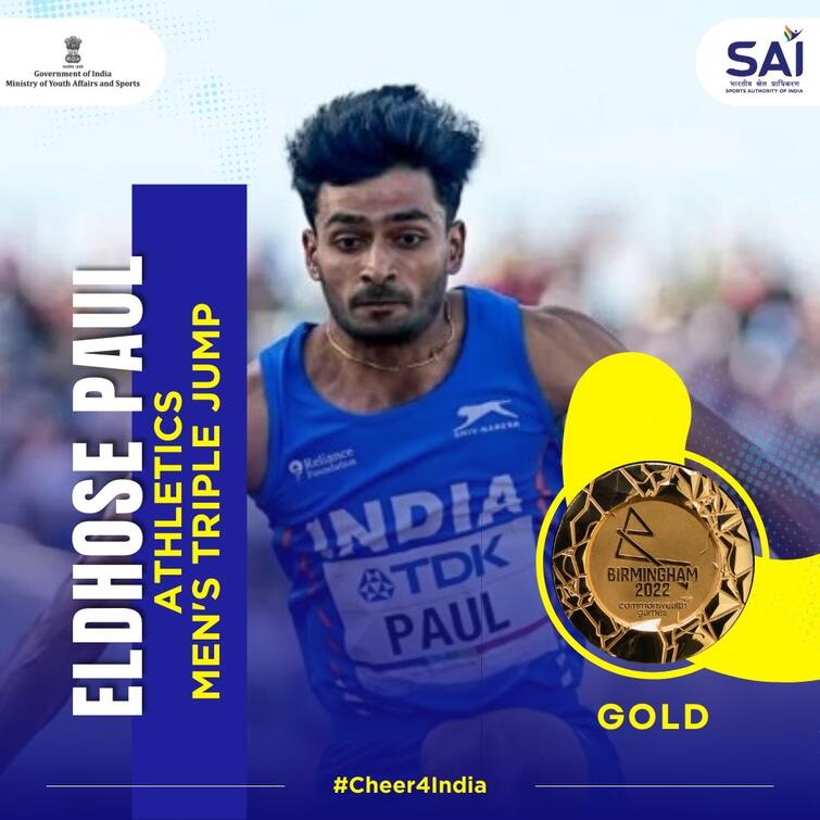 Commonwealth Games 2022: Eldhose Paul bagged gold and Abdulla Aboobacker silver in men triple jump Commonwealth Games 2022: ટ્રીપલ જંપમાં ભારતના એલ્ડોસ પૌલે ગોલ્ડ અને અબ્દુલાએ સિલ્વર મેડલ જીત્યો