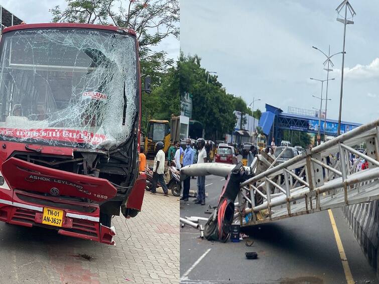 One person died after a giant signboard fell down near Kathipara  in Chennai சென்னை கத்திப்பாராவில் வழிகாட்டி பலகை கீழே விழுந்து விபத்து -  ஒருவர் உயிரிழப்பு