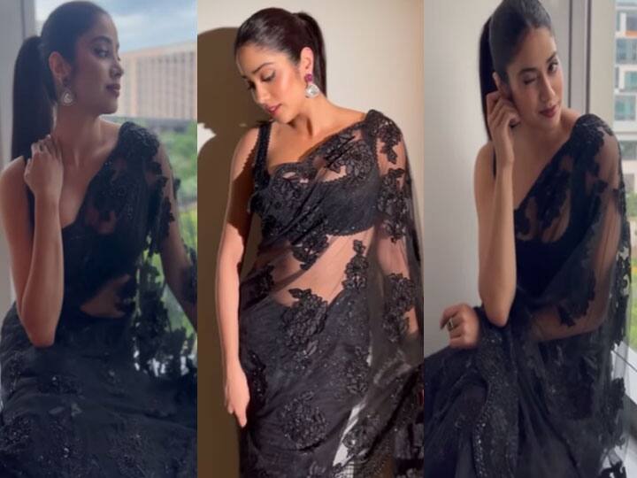 janhvi kapoor Raises Temperature In Gorgeous manish malhotra designer Saree, Check Out Diva Slay The Ethnic Ensemble Janhvi Kapoor Video: मनीष मल्होत्रा की डिजाइनर ब्लैक साड़ी में जाह्नवी कपूर के लुक ने लूटी महफिल, किलर पोज का भी दिखा जलवा