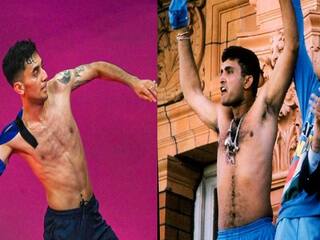 Lakshya Sen Gangulys celebration after going shirtless post winning gold Watch video Lakshya Sen celebration : கங்குலி பாணியில் டீ சர்ட்டை கழற்றி சுழற்றிய தங்கமகன் லக்‌ஷயா சென்..! வைரலாகும் வீடியோ..!