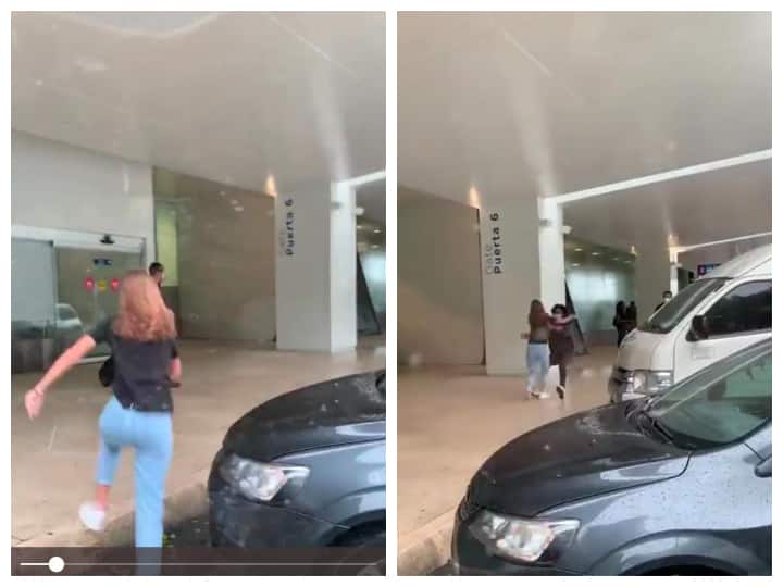 girl running to embrace her boyfriend at the airport but they slipped badly funny video viral on social media Watch: बॉयफ्रेंड को गले लगाने के लिए दौड़ी लड़की, फिर अचानक ये हुआ तो वीडियो हो गया वायरल