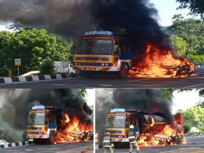 Aavin milk tanker truck collides with a car near Tindivanam A fiery vehicle TNN திண்டிவனம் அருகே  சினிமாவில் வருவதுபோல் நடந்த விபத்து  நடந்தது எப்படி..?