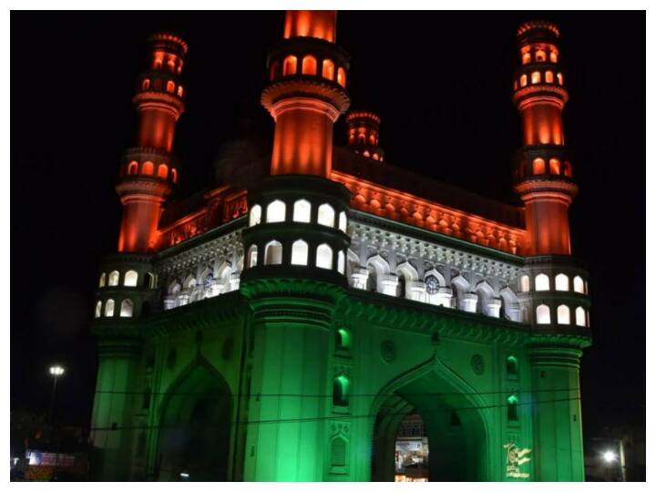 Pride of Telangana from Nizam's Charminar illuminated with tricolour lights ahead of I-Day celebrations. (Image: Twitter/@Aimimfriends786)